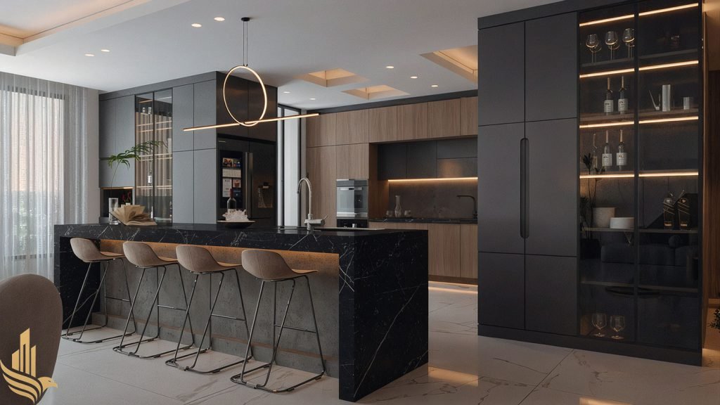 Luxury kitchen design in Abu Dhabi by Royal Fitout Decoration Design, featuring a black marble waterfall island with breakfast bar and suede bar stools, matte charcoal and walnut cabinetry, a tall lit glass display cabinet, built-in appliances, a ring and linear LED pendant, and white marble flooring