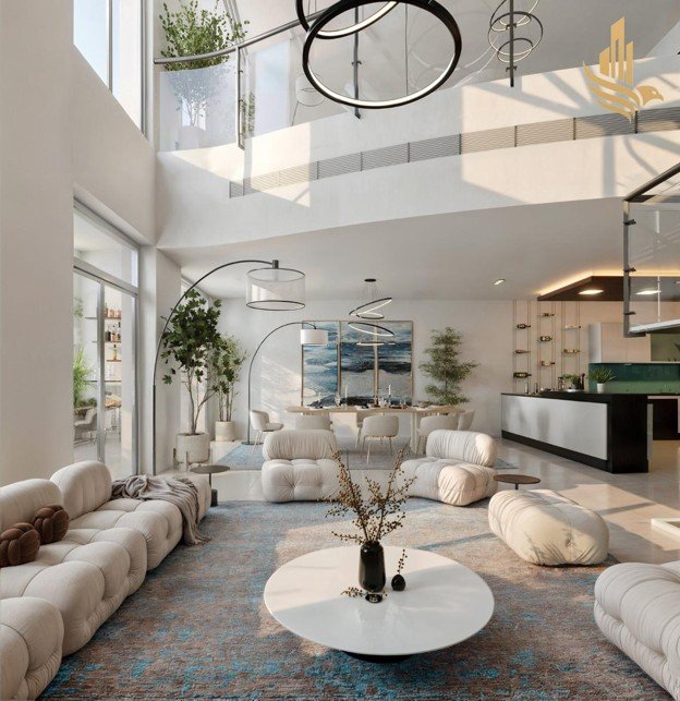 Luxury interior fit-out living room of a modern Dubai villa featuring double-height ceilings, contemporary designer furniture, and custom lighting.